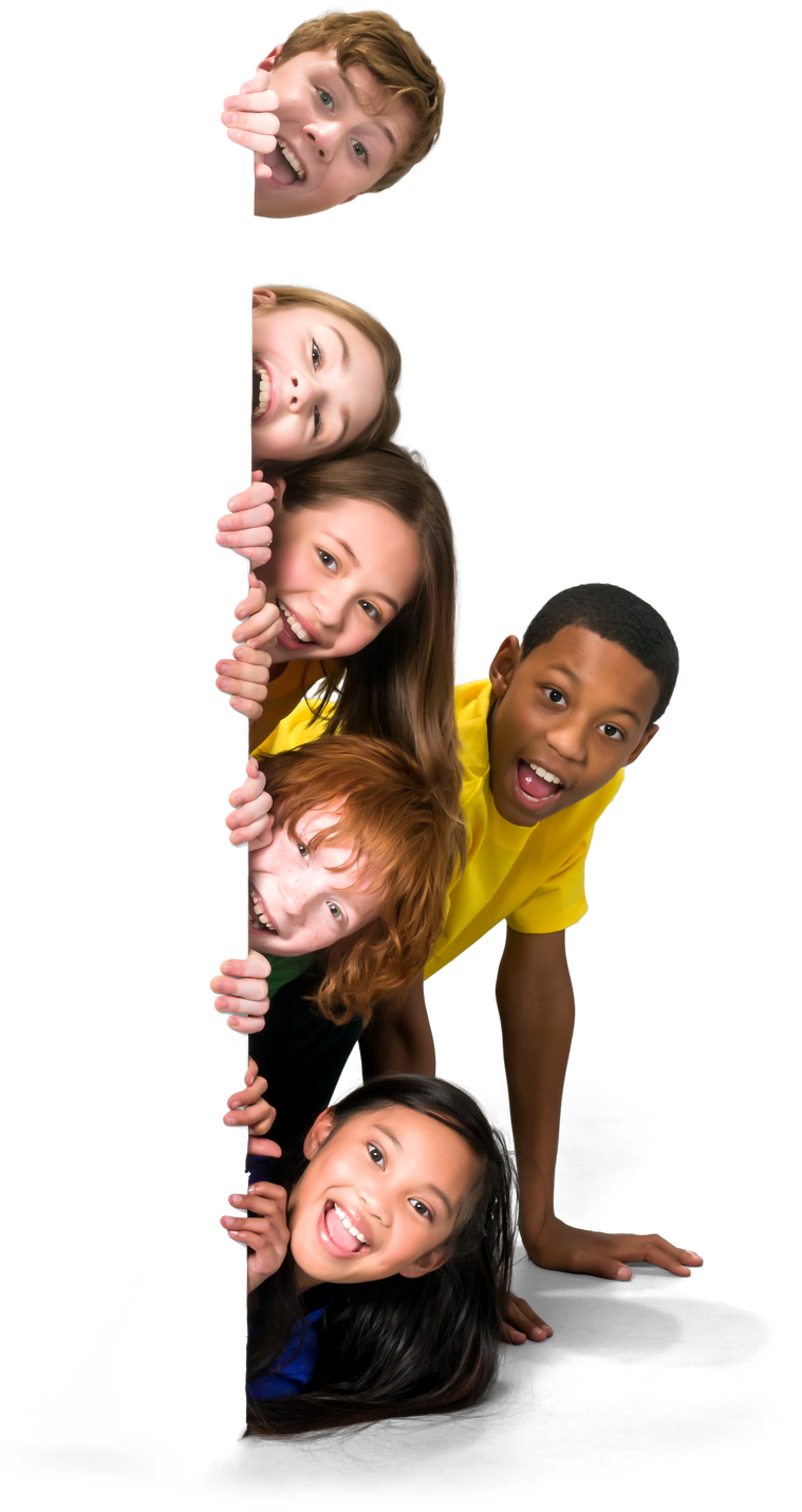 Group of young children peeking around a corner - Isolated